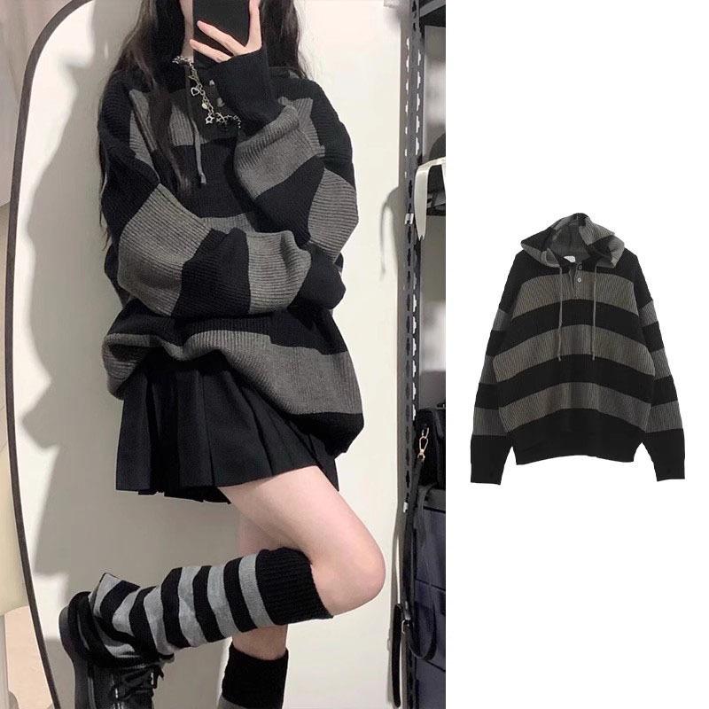 

Женский ретро-свитер с капюшоном и полосками - осень/зима в японском стиле для колледжа S