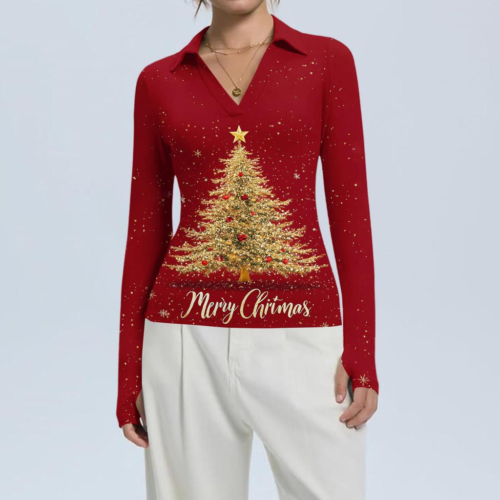 Damenmode Lässig Weihnachts-Print V-Ausschnitt Langarm Knopfleiste Oberteil