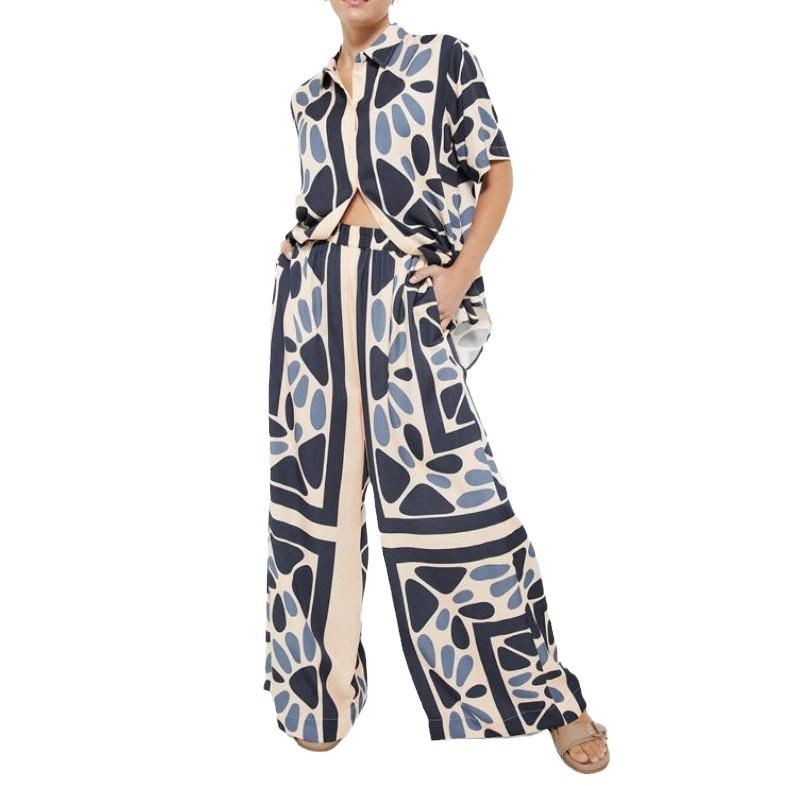 1116 Women's Christmas Fashion Set 1D Printed Autumn Casual Wide Leg Pants Cardigan Shirt