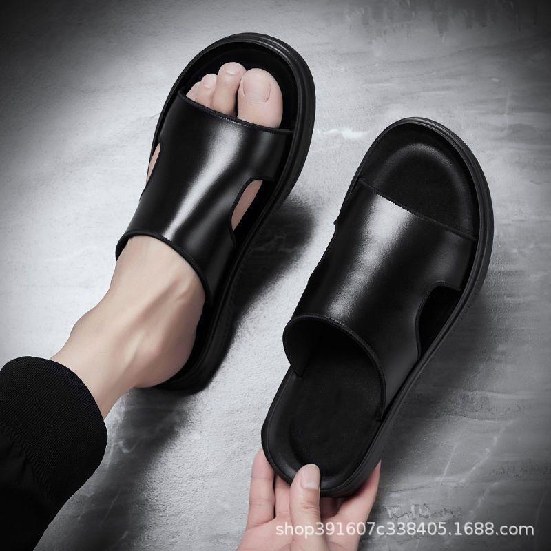 Straight Shoes Slippers Men's Leather High-end Trendy Brand Outer Wear Household Wear-resistant Foot Flip-flops