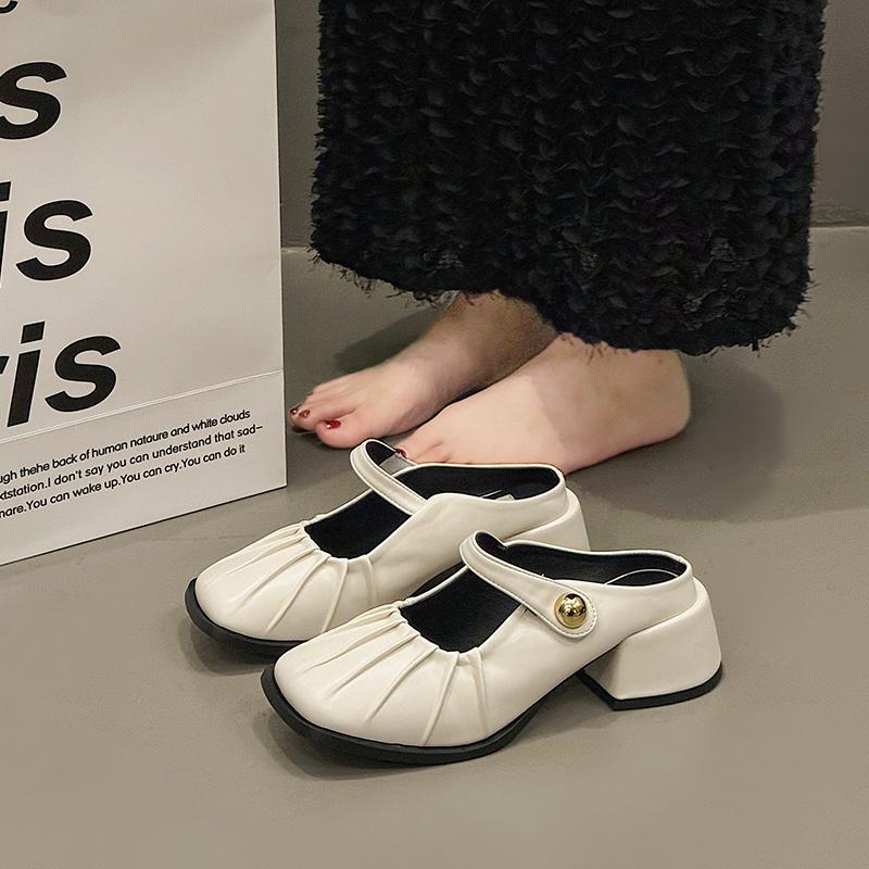 Spring New Brand Women Slipper Fashion Pleated Round Toe Slip on Mules Shoes Round Toe Outdoor Dress Sandal Shoes