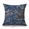 Navy Blue Delft Blue Toile De Jouy Pattern Design Royal Elegant Home Decorative Sofa Throw Pillowcase Cotton Linen Cushion Cover