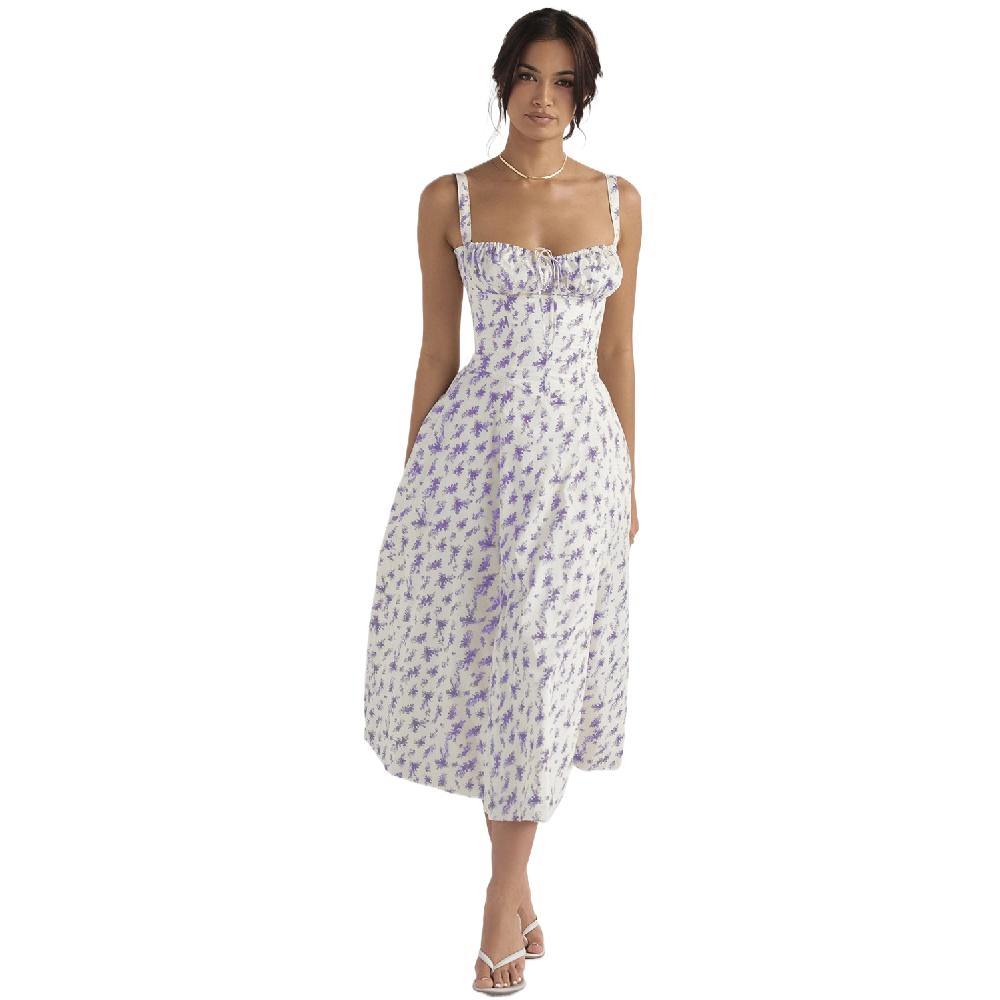 Floral Corset Dress Cottage Core Dress Women Corset Midi Dress Flowy Slit Spaghetti Straps Floral Corset Dress