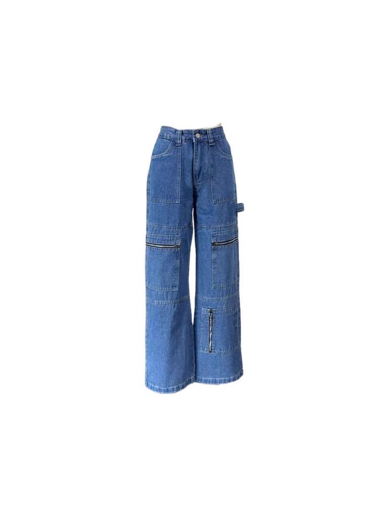 Women's High-Waisted Retro Cargo Jeans, Wide-Leg, Floor-Length Spicy Girl Style