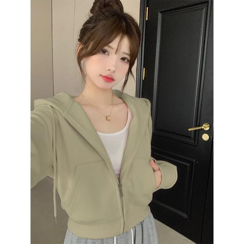 Women's Petite Gray Fleece-Lined Hooded Sweatshirt, Thickened, Short Jacket for Autumn and Winter