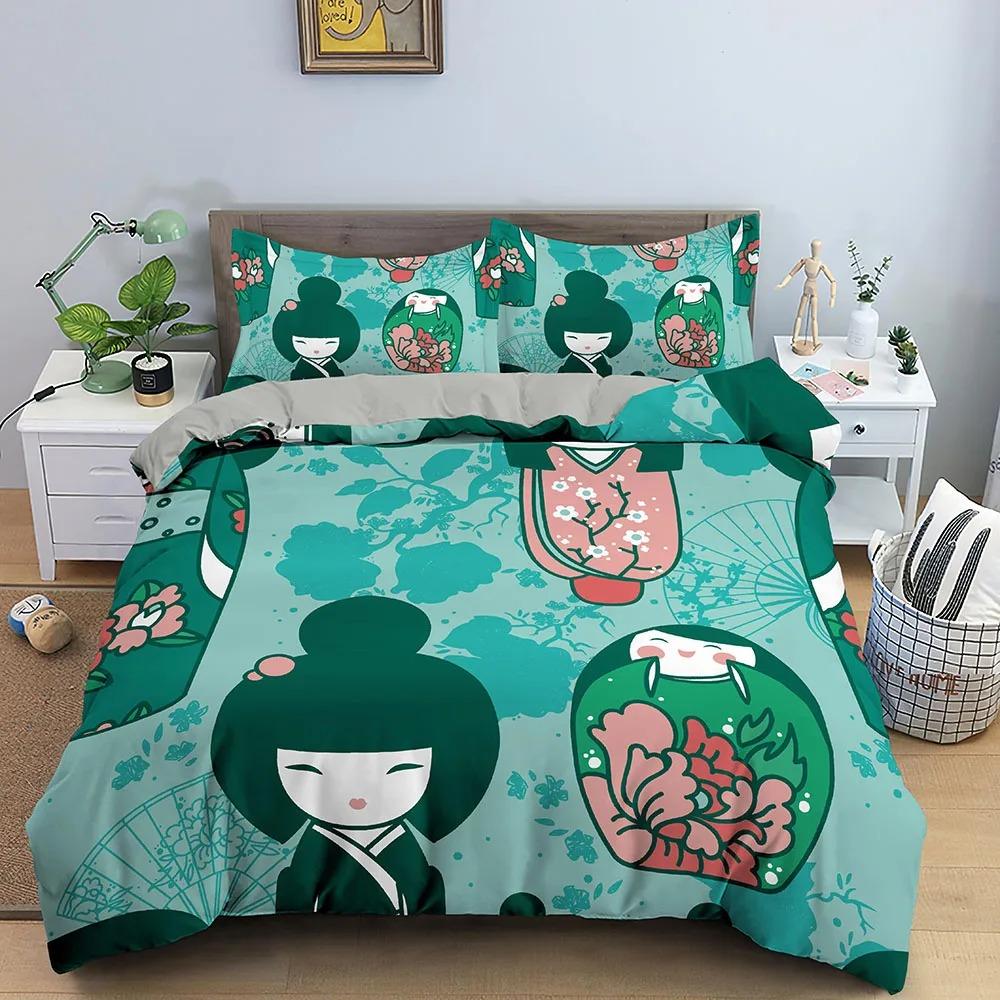 Japanese Doll Duvet Cover King Queen Lucky Cat Fan Bedding Set for Kids Girls Asian Japan Cultural 23PCS Polyester Quilt Cover