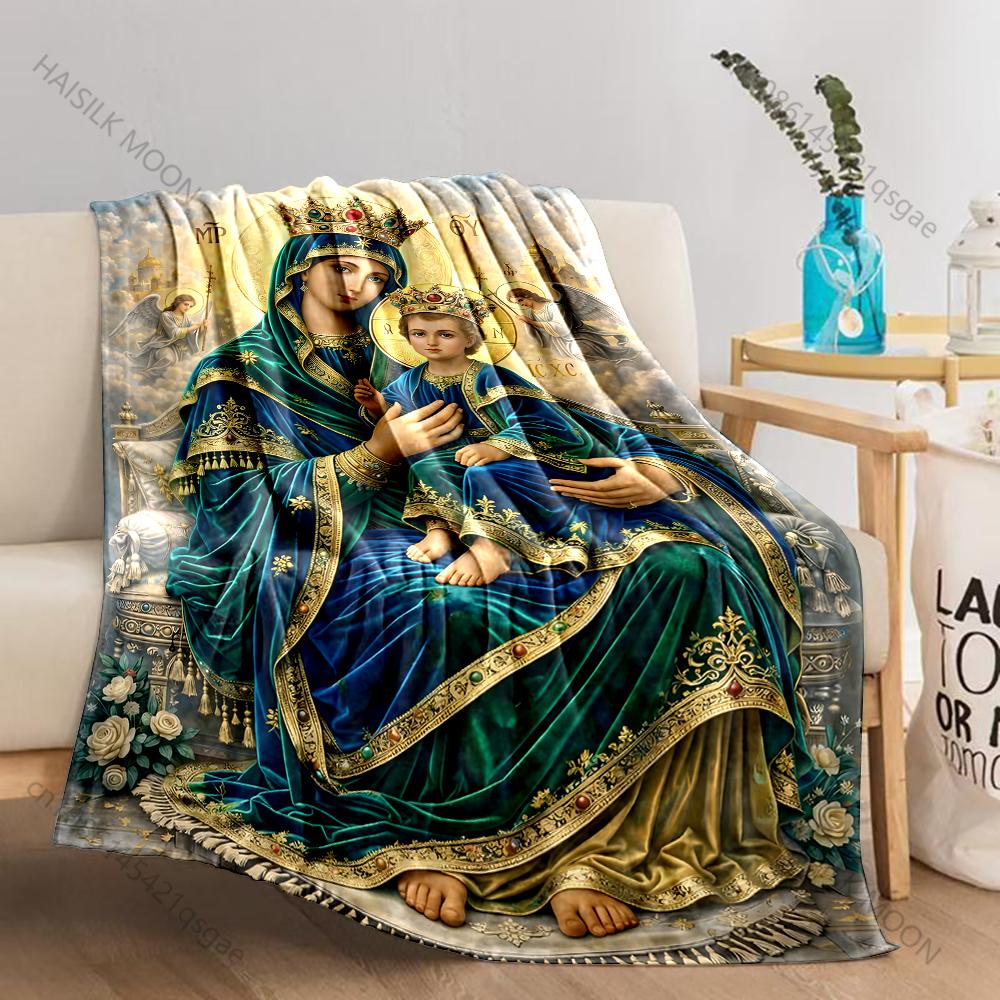 Religious Painting Crown Madonna and Child Print Believer Pray Blanket Warm Soft Flannel Material Suitable for All Seasons Gift