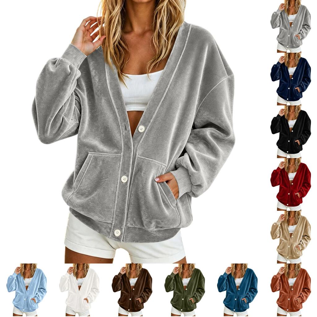 Women's Casual V Neck Button Down Long Sleeve Jacket Loose Fit Lightweight Soft Fabric Outerwear