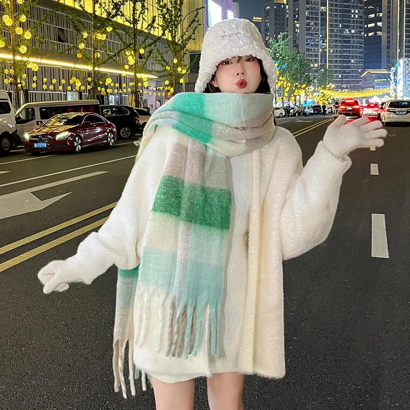 New Fashion Design Muffler Female Fairy Powder Gradual Change Tassel Mohair Scarf Women Winter Thermal Imitation Cashmere Scarf