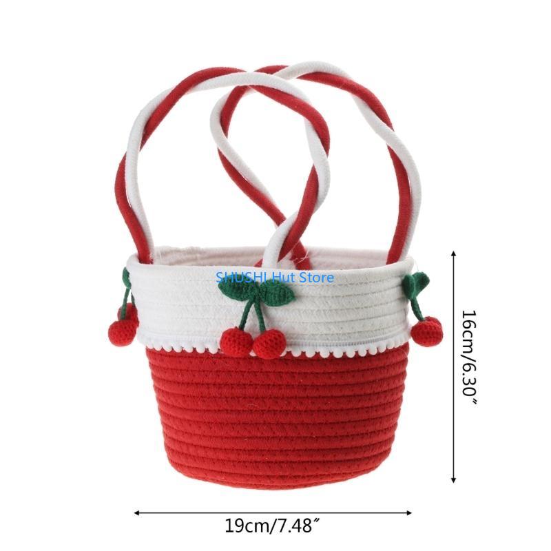 Handmade Cherry Portable Small Bag Cotton Thread Straw Woven Bags for Valentine‘s Day Girlfriend Gift Seaside D57B