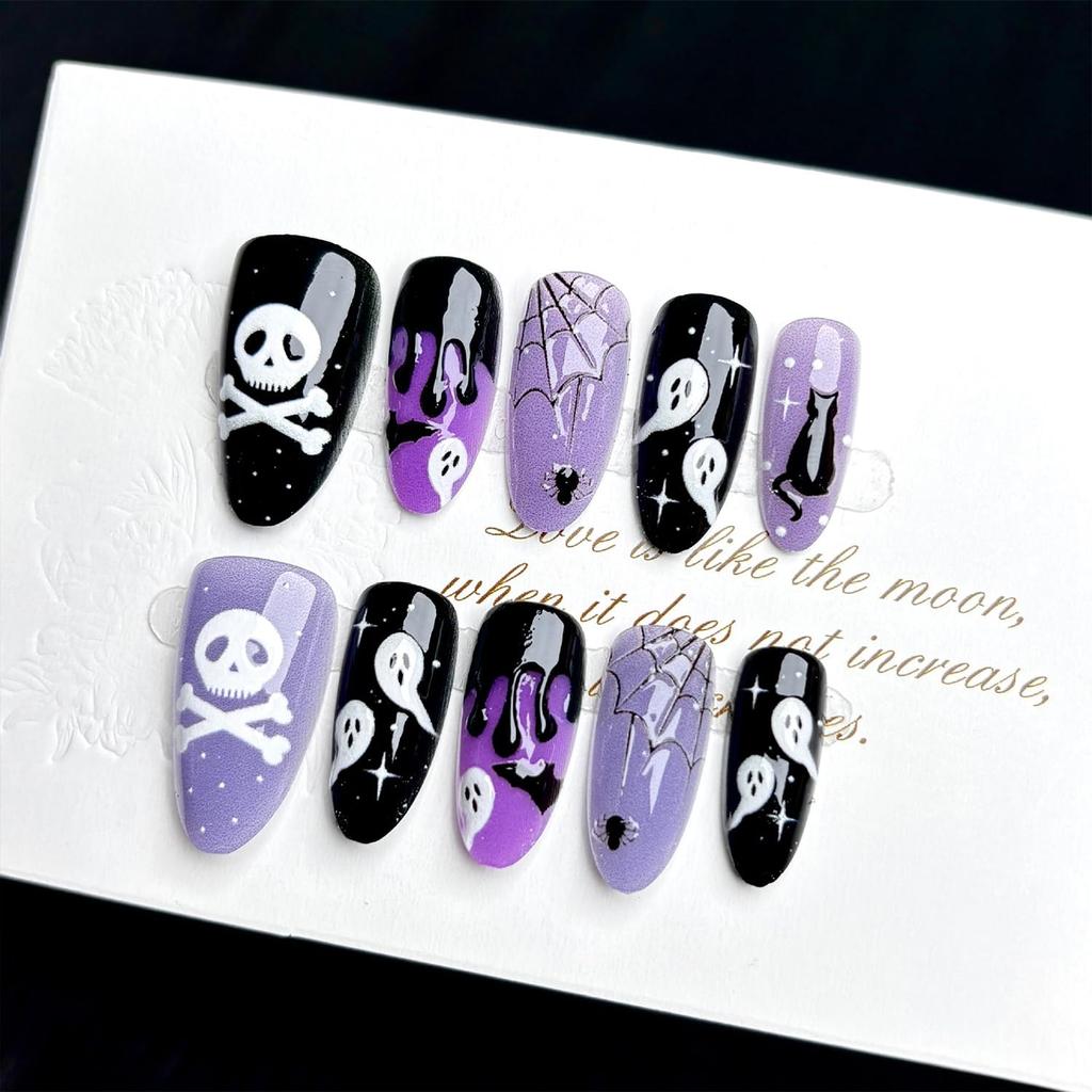 Short Almond Press on Nails Halloween Fake Nails Gothic Bat Acrylic Nail Cute Ghost False Nail with Purple Glitter Design Goth Halloween Nails Press