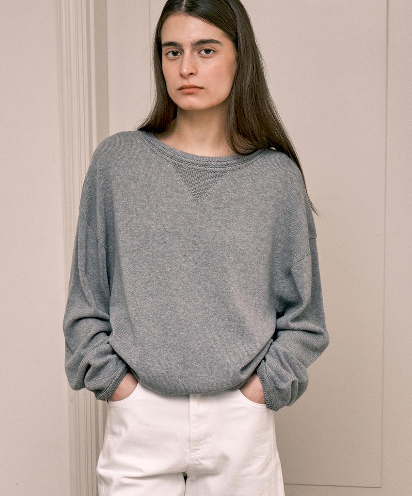 EMKM Textured Neck Relaxed Fit Wholegarment Knit Top_Grey