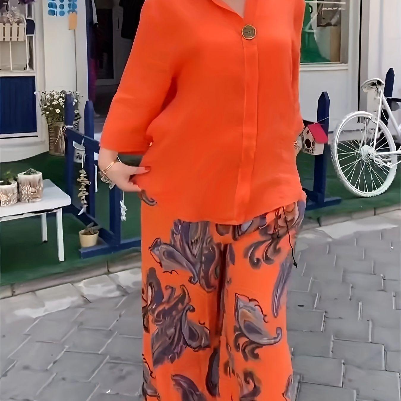 

Plus Size Bohemian V-Neck Blouse & Wide-Leg Pants Set for Women 0XL помаранчевий