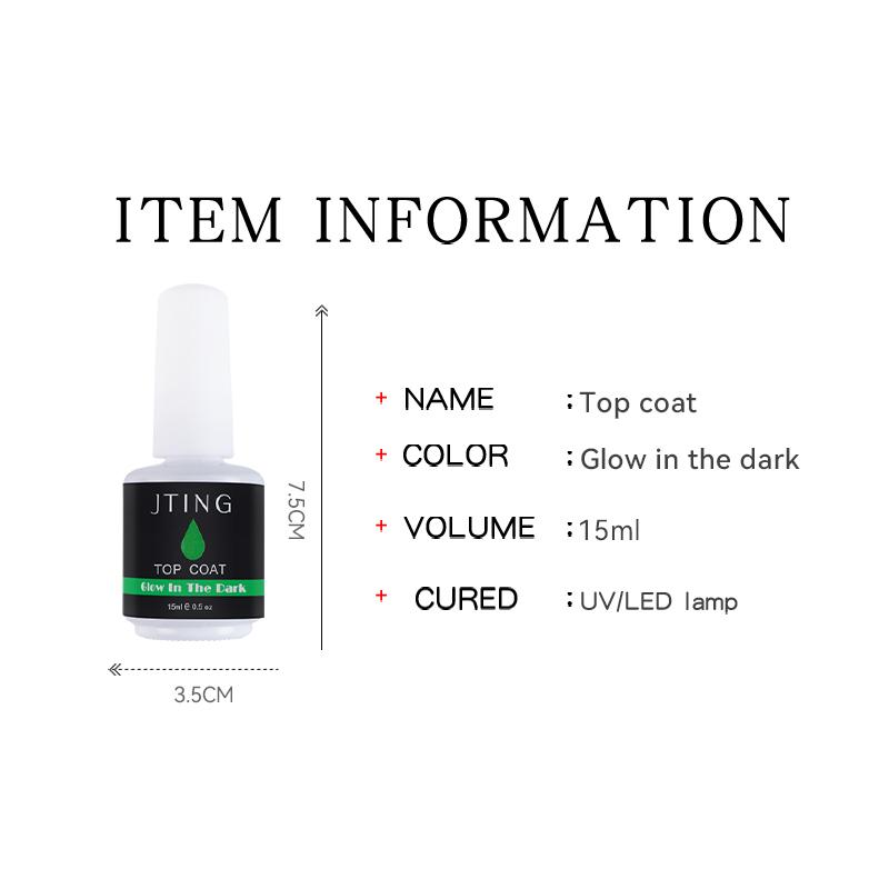JTING Luminous Effect Glow In the Dark Gel Top Coat Nail Gel Polish Clear OEM Customize Private Label 15ml Bottles