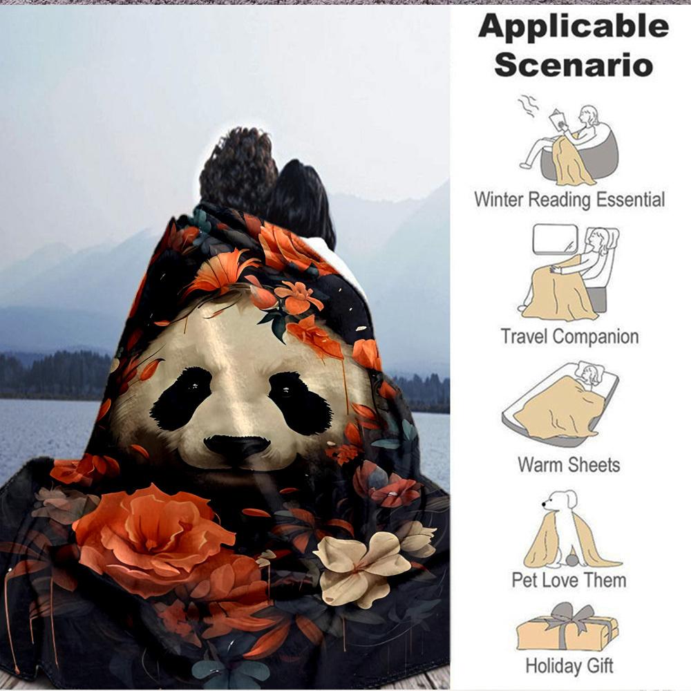 1pc Panda Floral Print Blanket - Lightweight Flannel Fleece with Digital Printing, Soft Warm for Sofa, Travel, Camping, Office yy251018272