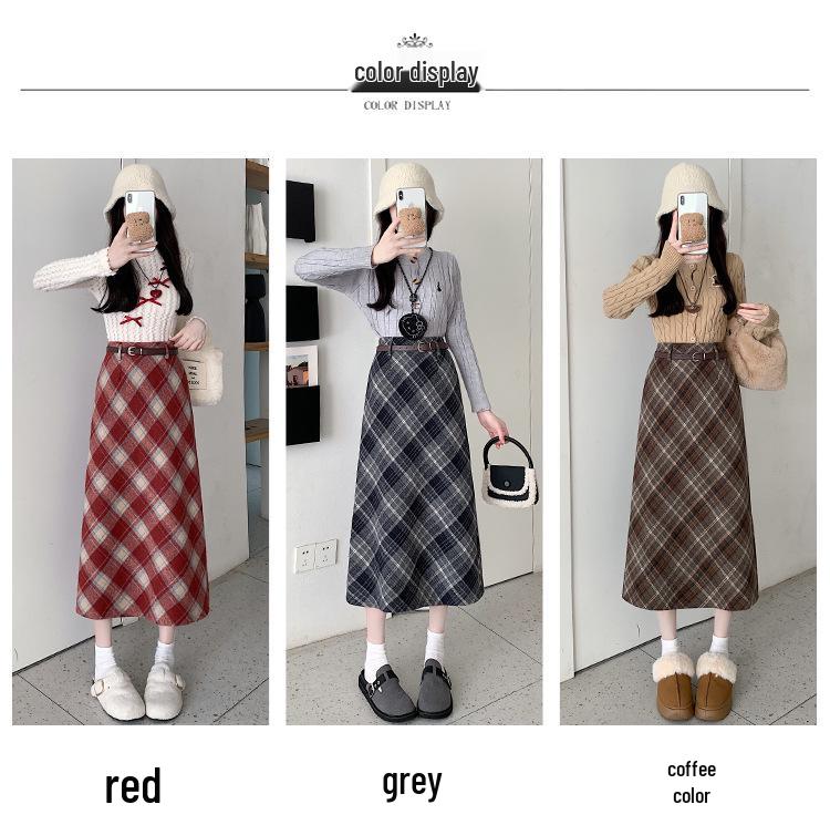 Plus Size Korean-Style Plaid Wool Skirt with Belt for Women