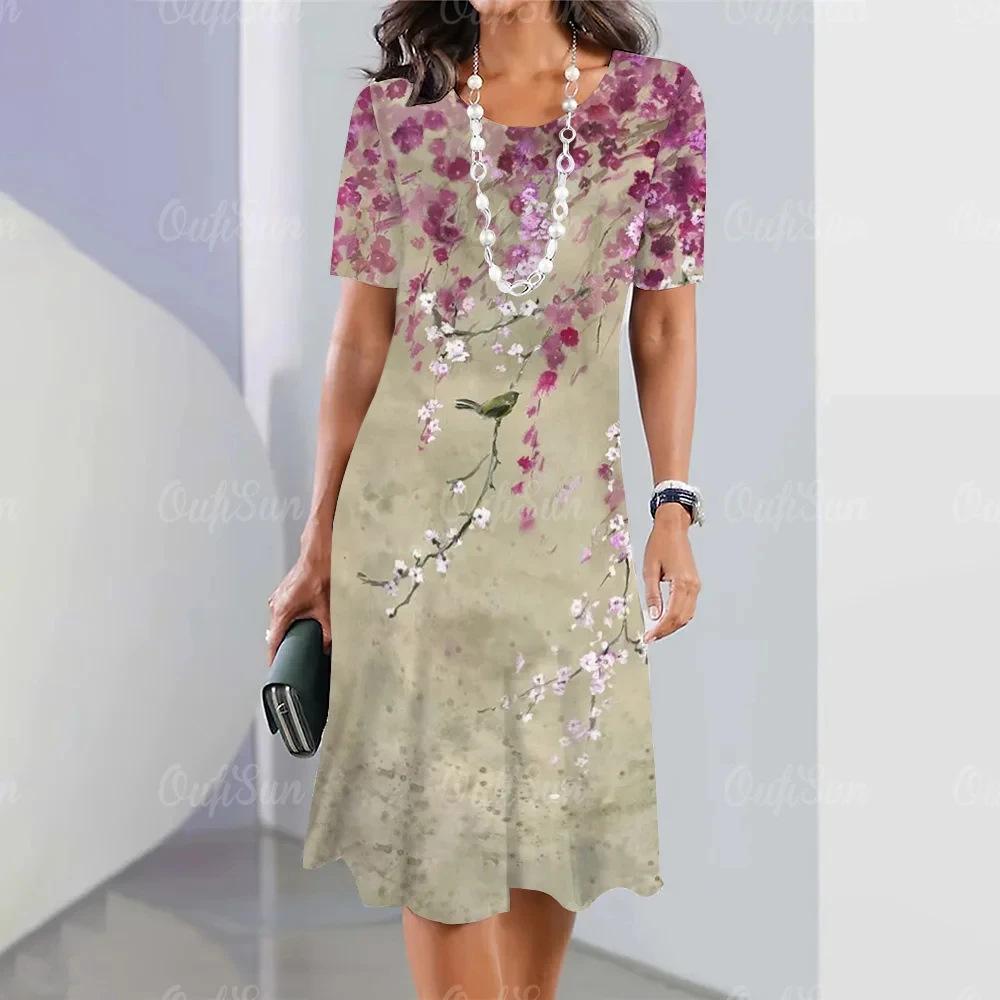 Elegant Summer Color Block Short Sleeve 3D Floral Maxi Dress with Cinched Waist and Round Neck