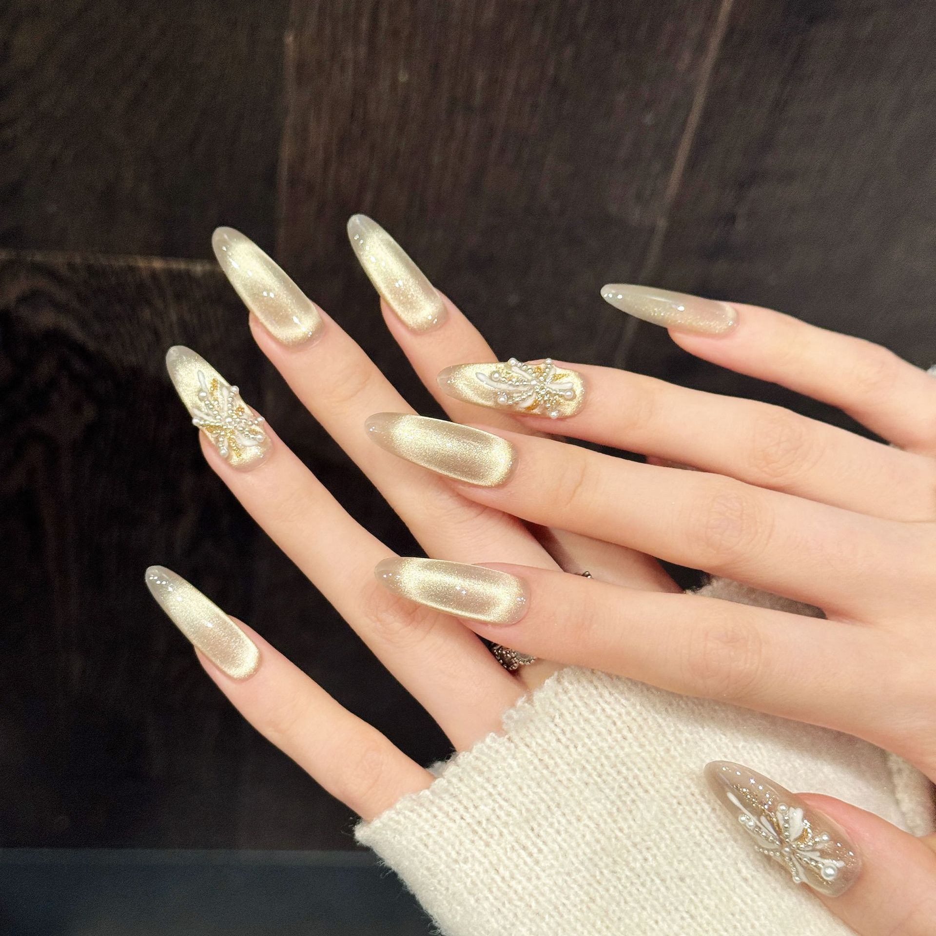 2025 Hot Sale Blossoming Joy Cat Eye Ice Clear Acrylic French Style Full Cover Detachable Nail Stickers Glue Handmade Finger XS