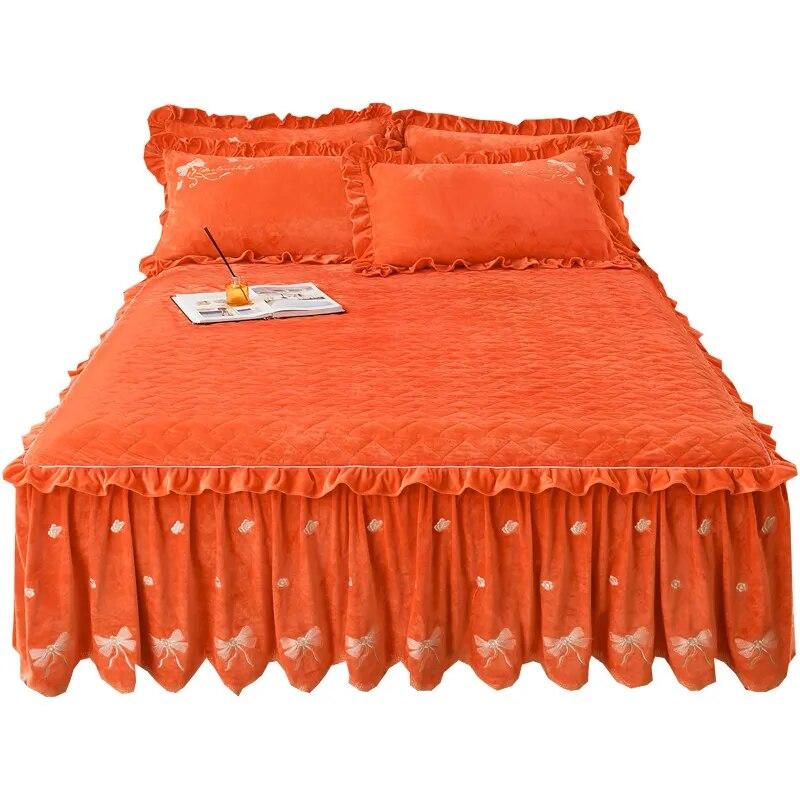 

Стеганые покрывала с вышивкой и бантом для кровати, флисовые однотонные супермягкие бархатные покрывала для двуспальной кровати Queen, юбка с рюшами, 2 наволочки 150x200cm 59x79inch