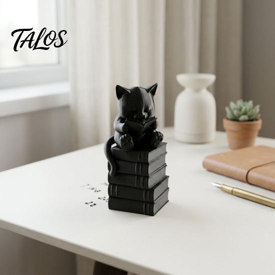 Decorative Ornament for Students 3D Printed Reading Cat Figurine, Desktop Animal Statue, Miniature Kitten Sitting on Minimalist Accessories