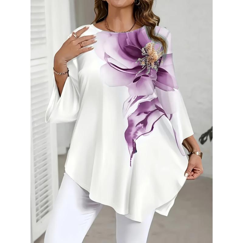 Elegantes Damen-Übergrößen-Oberteil mit Print, Rundhalsausschnitt und asymmetrischem Saum