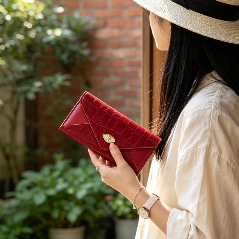 Damen Long Wallet mit Krokodilmuster, Umschlag-Clutch-Tasche mit großer Kapazität, Mehrere Kartenfächer, Reißverschluss-Münzfach, Elegante Abend-Handtasche