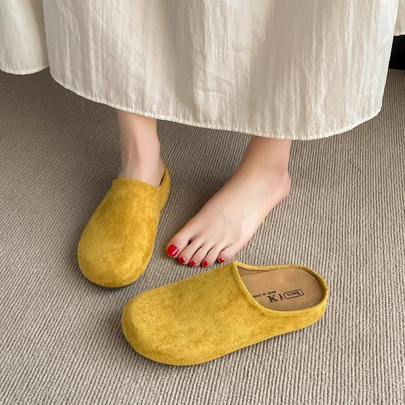Fashion New Retro Solid Color Flat Bottom Women's Shoes Ladies Slides Fashion Suede Slippers Mules Casual Cozy Female Sandals
