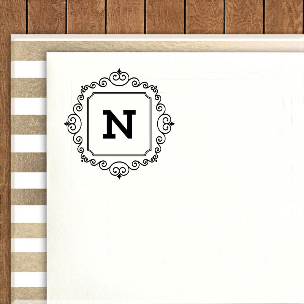 Printtoo Office Stationary Square Swirl Border N Alphabet Monogram Initial Round Self Inking Rubber