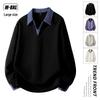Men's Plus Size Color Block Polo Collar Sweatshirt: Trendy Fake Two-Piece Long Sleeve for Autumn and Spring