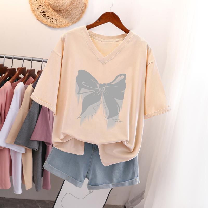 

Футболка с коротким рукавом, Свободного кроя, Приталенный топ с V-образным вырезом с принтом для женщин 5XL абрикосовый