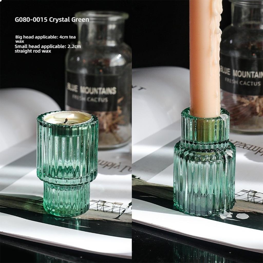 Clear Small Glass Candle Holder for Dining Table - Transparent Desktop Centerpiece Decor, Modern Table Design Candlesticks