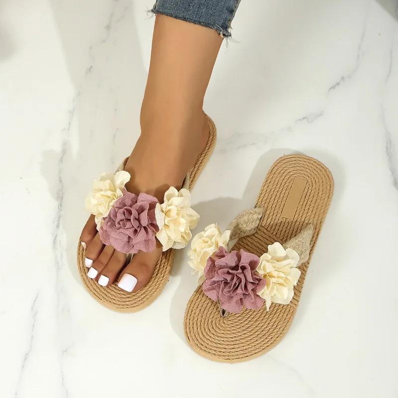 Módní Dekorace Ležérní Ploché Pantofle Boty pro Ženy Nazouváky Nové Letní Pantofle Venkovní Plážové Žabky Roztomilý Květinový Mašle
