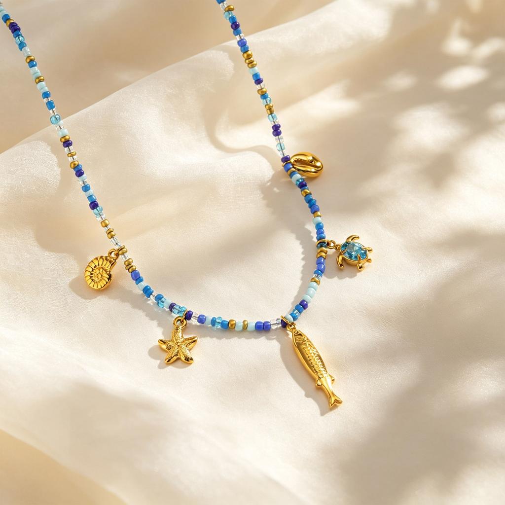 Summer Boho Colorful Beads Necklace Stainless Steel Fish Conch Starfish Pendant Necklace for Women Jewelry Ocean Vacation Style