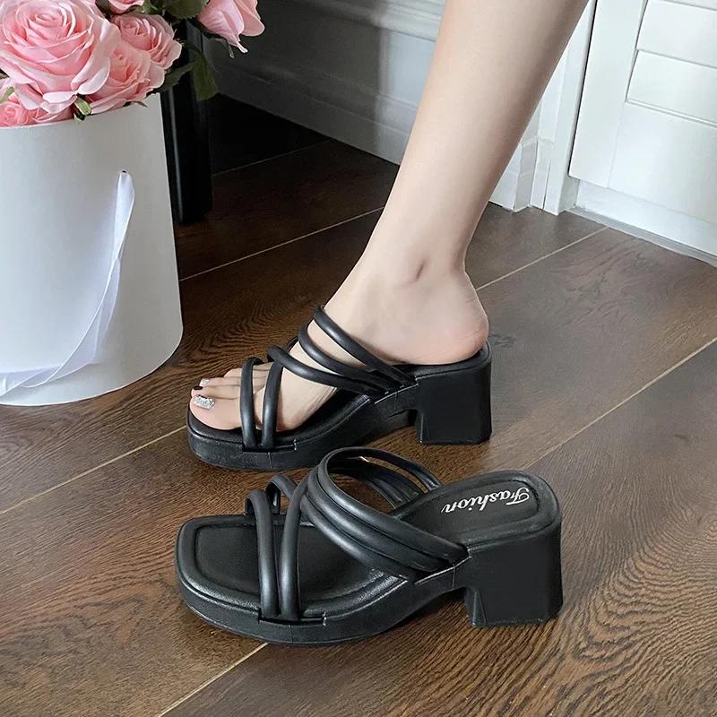 

Women s High Heel Slippers Summer Outdoor Wear Increase Height Anti-Slip Sandals Fashion Slope Heel Single Strap Shoes 36 чорний
