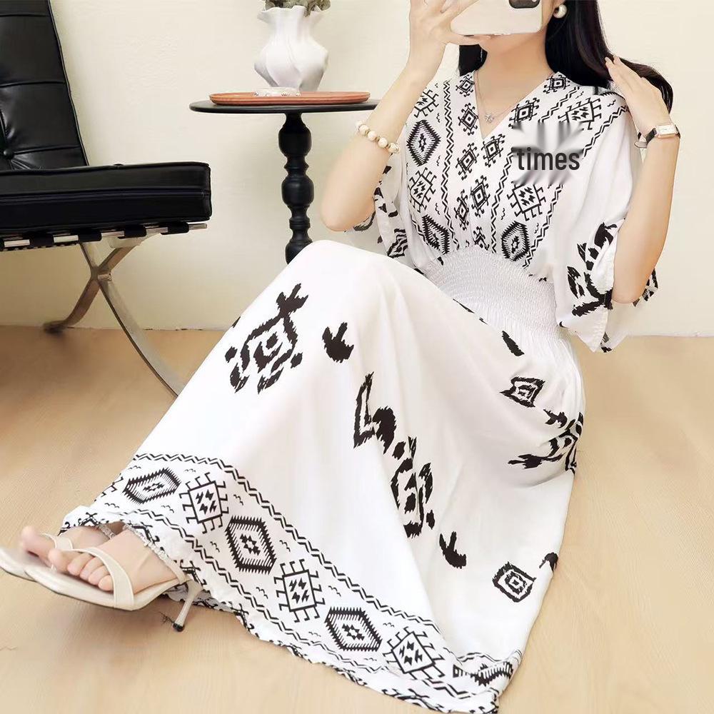 26-Year Floral V-Neck Cotton Silk Batwing Sleeve Beach Dress - Thailand Travel & Vacation Skirt Style