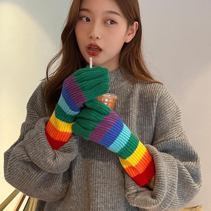 Korean New Rainbow Gloves for Women In Winter Warm Wool Half Finger Gloves American Street Fashion Versatile Cycling Trend