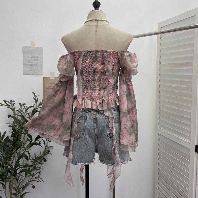 One-Shoulder Floral Print Bustier with Bell Sleeves and Lace-Up Back