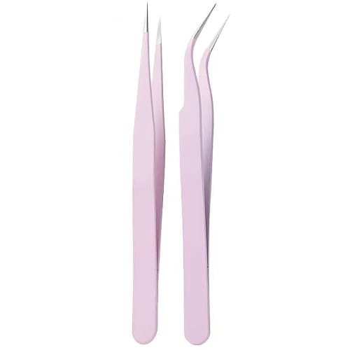 Set of 2 Precision Tweezers, Stainless Steel, for DIY Crafts, Handmade Projects, False Eyelashes, Plastic Model Tools, and Tsumami Zaiku (Pink)