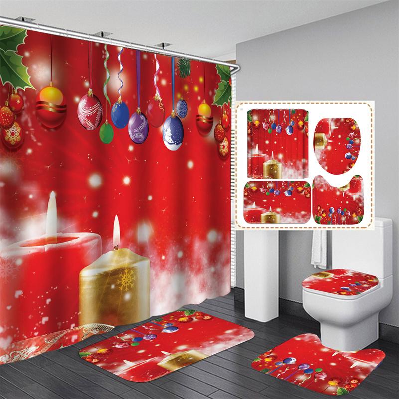 Santa Vánoční sada sprchových závěsů Vanová předložka Protiskluzový koberec Koupelnová přepážka Vodotěsná Domácí dekorace Cortinas Para Ba ñO