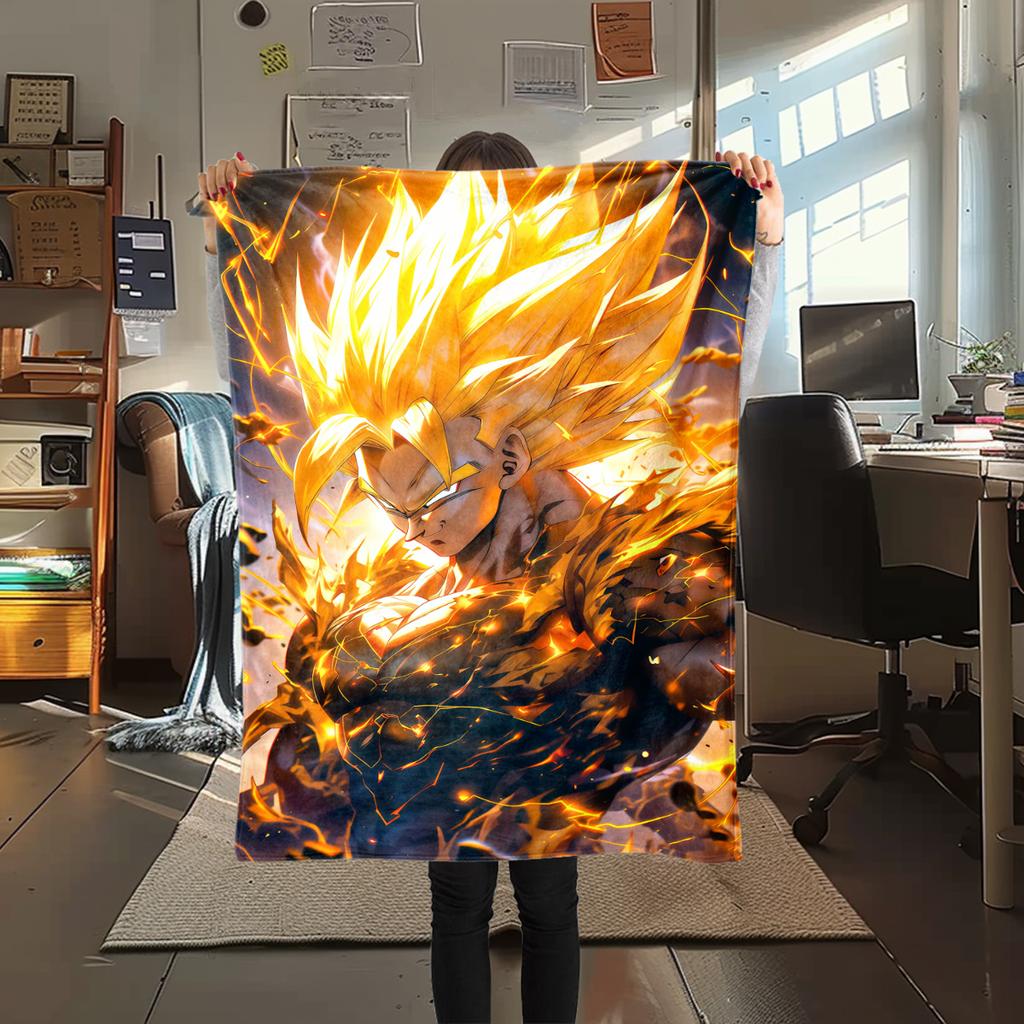 1 ks flanelová deka s potiskem Son Goku, Vysoce kvalitní pro všechna roční období, Domácí dekorace, Teplo a pohodlí, Perfektní jako vánoční dárky