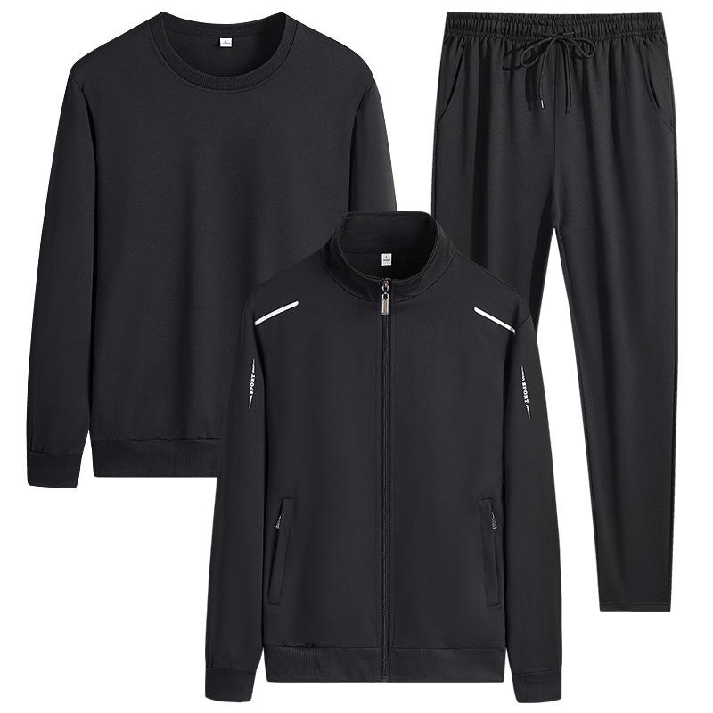 Men's Autumn-Winter Three-Piece Set: Cardigan Hoodie, Loose Sweatpants, Trendy Long-Sleeve Round Neck Top