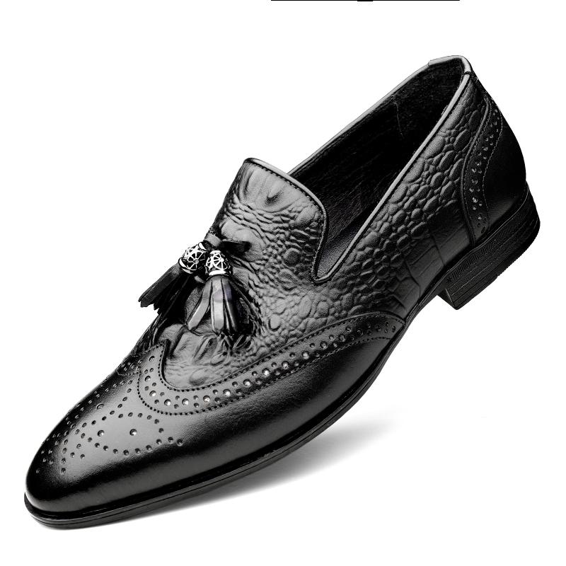 Fashion British Style Men's Luxury Brand Comfortable Business Fringe Leather Shoes Spring New Item Crocodile Leather Carved Oxford Shoes
