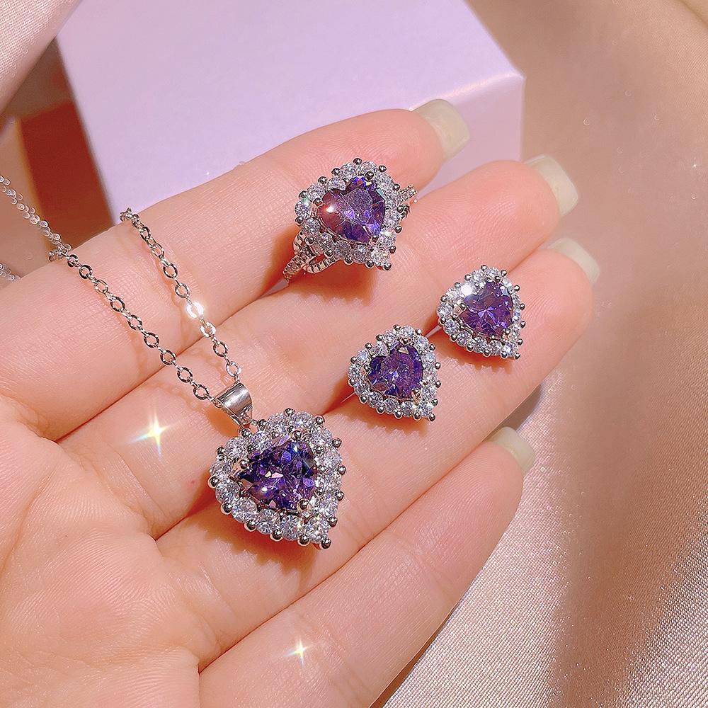 2026 Fashion Trend Inlaid Zircon Love, Ring, Stud Earrings Three-piece Set 45CM