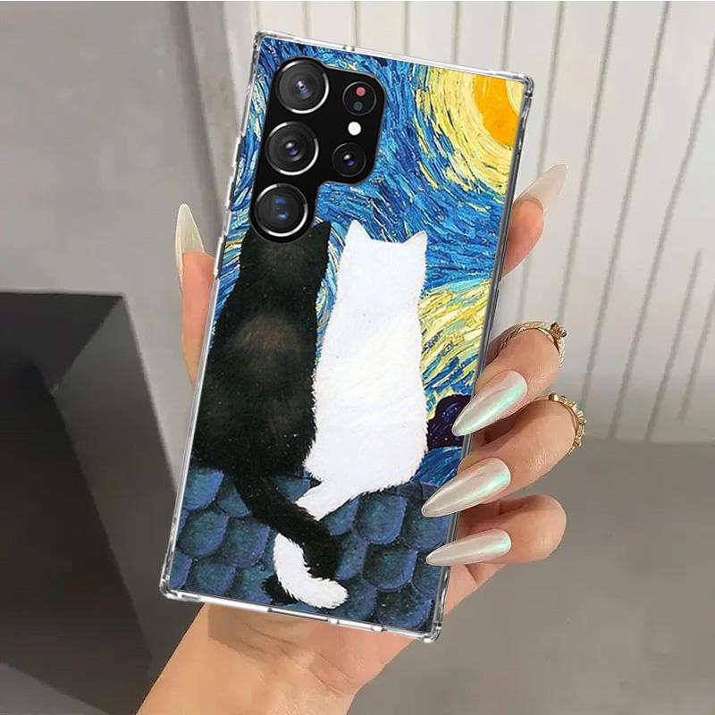 Schwarze Katze Cartoon Niedliche Handyhülle für Samsung Galaxy S26 S24 S23 Ultra S25 Edge S22 S21 Plus S20 FE + Weiche Druckschale Funda Gal