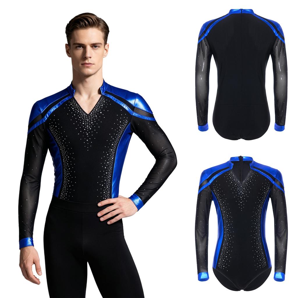 Sparkly Metallic Patchwork V Neck Bodysuit for Men Mesh Long Sleeve Rhinestone Leotard for Latin Ballet Figure Skating Gymnastics Training