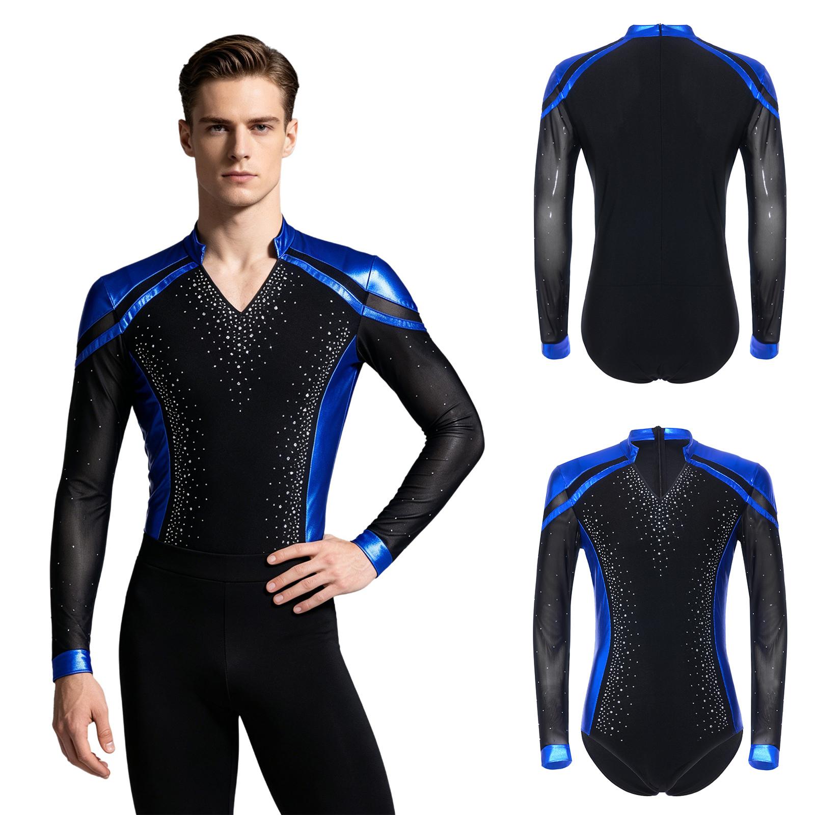 Herren V-Ausschnitt Strass Metallic Body Netz Langarm Patchwork Leotard für Latein Ballett Eiskunstlauf Gymnastik Wettbewerb L königsblau