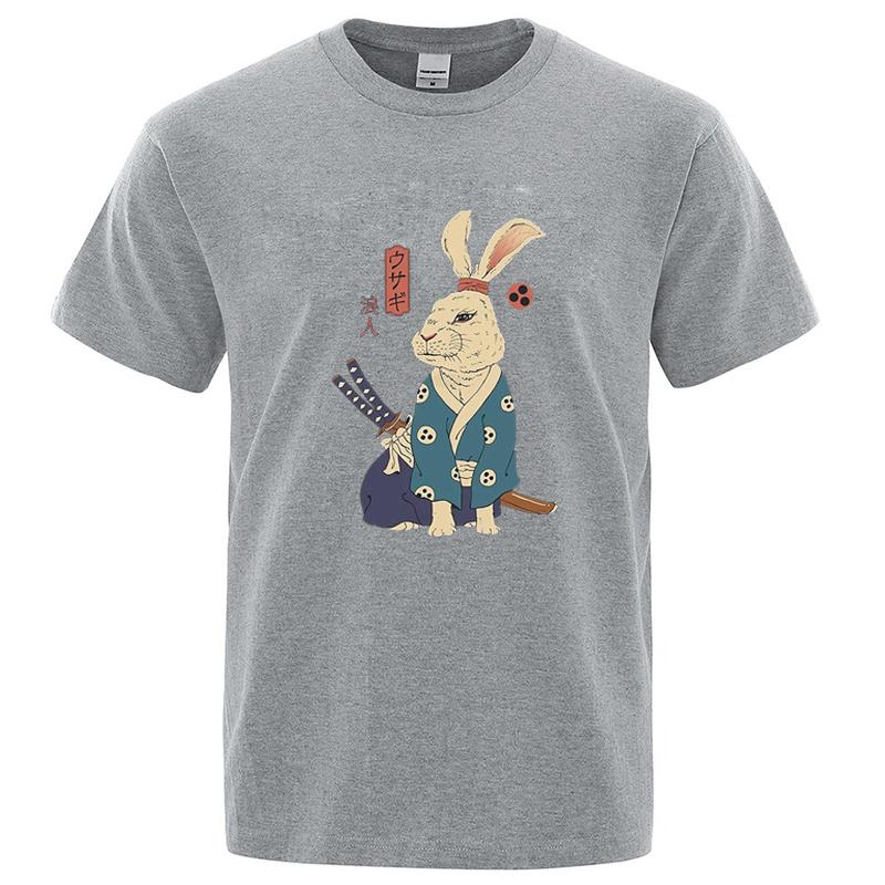 Cotton Blend Short Sleeve Tee Japanese Ukiyoe Samurai Rabbit Print Casual Streetwear Unisex Summer Top Gift For Lovers Unisexunisex