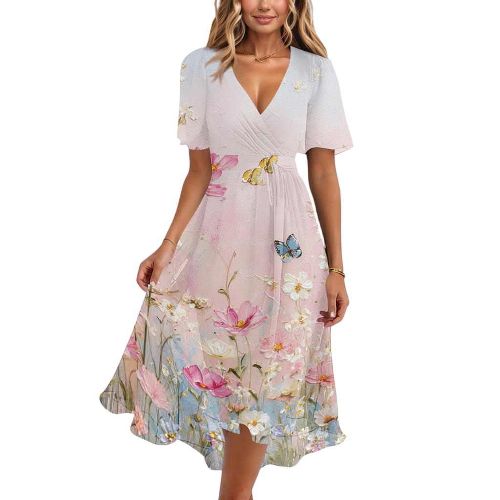 Women's Casual V Neck Short Sleeve Floral Print Dress Midi Length Wrap Style Lightweight Fabric Summer Dress