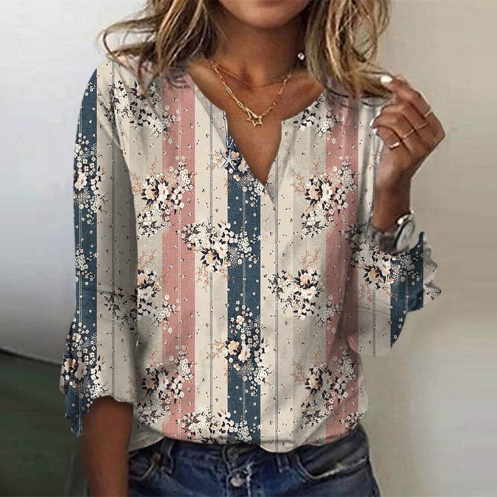 Summer V-neck  Shirt For Women Floral Print Tunic Summer Tops Dressy Casual Bell 3/4 Sleeve V Neck Spring Blouses