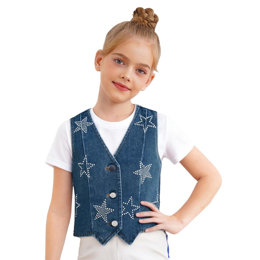 Girls Shiny Rhinestone Stars Denim Vest Buttons Sleeveless Jacket Asymmetrical Waistcoat Birthday Party Top